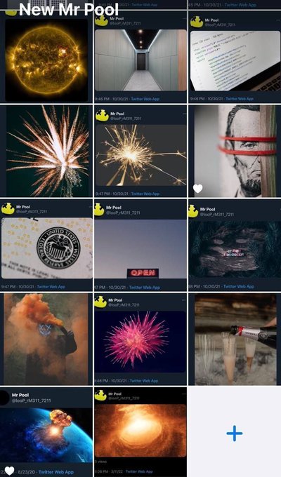A Twitter/X profile grid for 'Mr Pool' (@SolF_MIS11_7211) displaying various photos including the sun, fireworks, space imagery, a SEAL badge, and urban scenes.