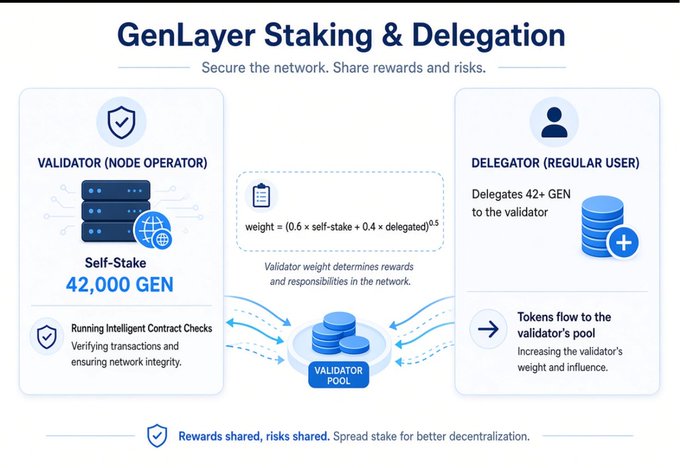 An infographic titled 'GenLayer Staking & Delegation' explains how validators must self-stake 42,000 GEN while delegators delegate 42+ GEN, with tokens flowing to a shared validator pool governed by the formula: weight = (0.6 × self-stake + 0.4 × delegated)^0.5.
