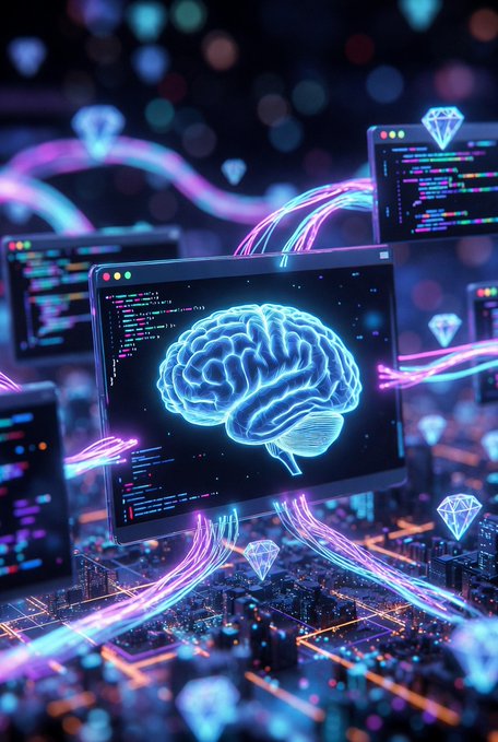 The image presents a brain-like graphic displaying a programming code, possibly from an infographic or digital art piece about the world of programming. The background features an urban cityscape with buildings under neon lights, giving off a vibrant blue color that contrasts with the darker purple elements on the graphic. The image also includes numerous diamonds scattered throughout the space, adding to its futuristic and technological vibe. A caption below the artwork suggests that understanding past data is crucial for predicting future trends or behaviors in this digital world, possibly related to the content of the code displayed on the brain-like graphic.