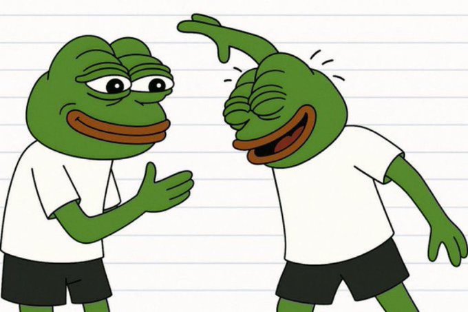 A cartoon drawing of two Pepe the Frog characters; one is smiling and gesturing with its hand while the other appears to be laughing hysterically and bending over.