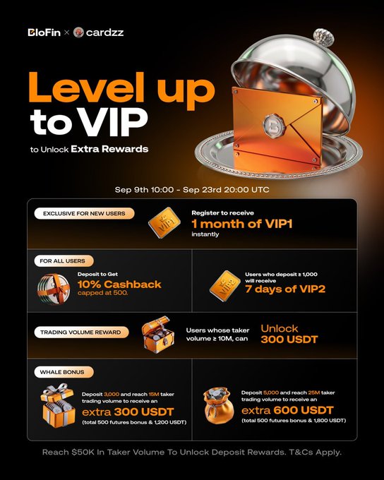 A promotional graphic for 'BloFin x cardzz' titled 'Level up to VIP' outlines various rewards including 10% cashback, trading volume bonuses, and whale bonuses in USDT.