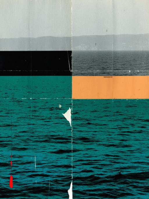 A collage-style photograph of ocean water with a black and orange color block overlay and torn paper textures.