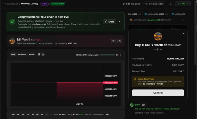 A screenshot of the pump.fun platform showing a launched token called 'MiniWeb3 canopy' by user a556...f04, with a pop-up panel on the right prompting the user to 'Buy 11 CNPY worth of MINCAW'.