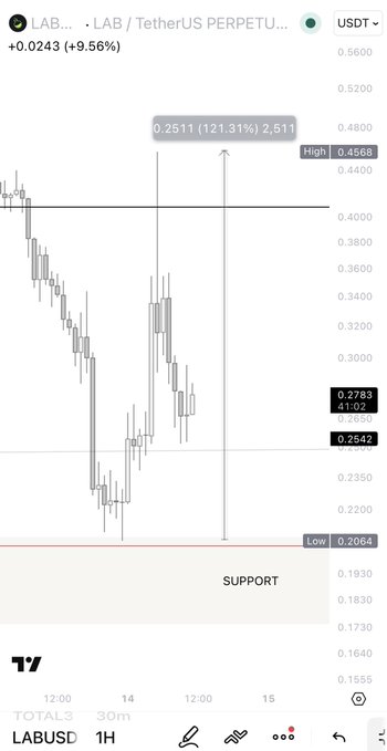 This is a screenshot of a LAB/TetherUS crypto chart showing a sharp increase from the support level of 0.2064 to a high of 0.4568, representing a 121.31% gain. The text indicates that the LAB price reacted strongly at the 0.2060 support zone, rallying to the 0.4100 mirror level.