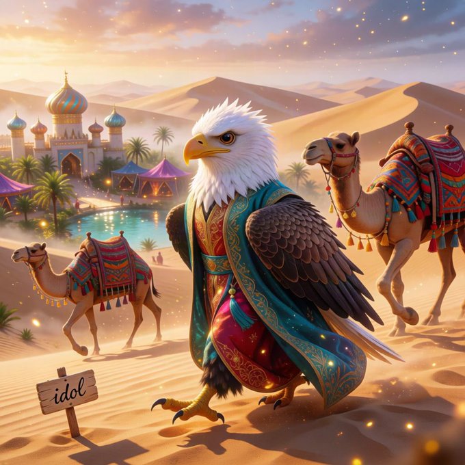 A fantasy illustration of a bald eagle dressed in ornate Arabian-style robes, standing in a desert landscape with camels, a palace, and a sign reading 'idol'.