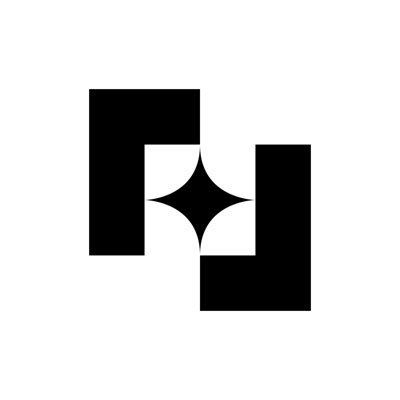 A black and white geometric logo featuring two interlocking rectangular shapes with a four-pointed star in the center.