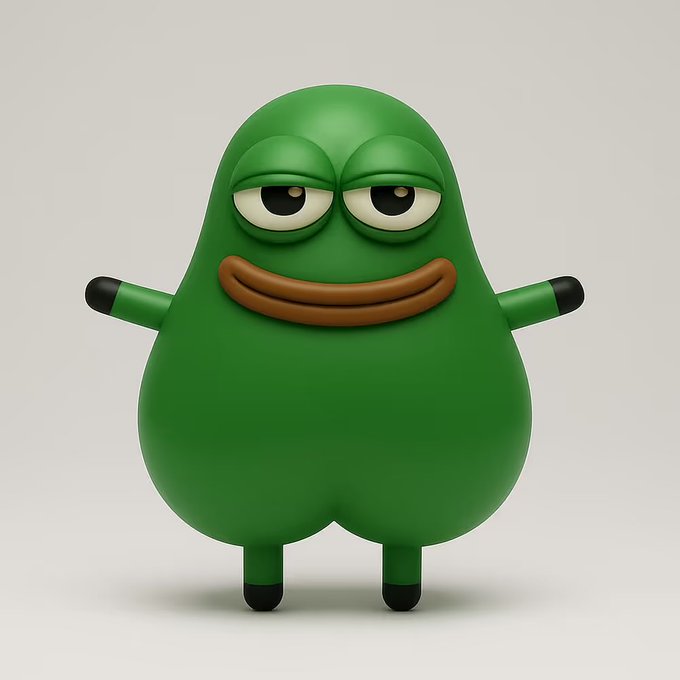 A 3D rendered green blob-like character with half-closed eyes, a wide brown smiling mouth, black hands, and small black feet standing against a white background.