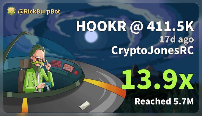 A RickBurpBot promotional graphic showing HOOKR at 411.5K (17 days ago, CryptoJonesRC) reaching 5.7M, a 13.9x gain.