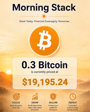 Bitcoin-themed promotional graphic titled 'Morning Stack' showing 0.3 Bitcoin priced at $19,195.24 with icons emphasizing focus, growth, security, and consistent stacking.
