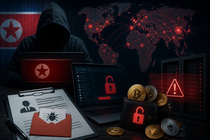 A digital illustration depicting North Korean hackers with a hooded figure, a laptop showing the North Korean flag, world map with cyber connections, cryptocurrency, and security alerts.