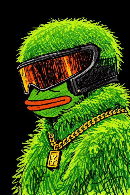 The image features a cartoon character with green hair wearing a helmet and goggles, possibly resembling a frog or a green-skinned animal. The character has a chain around their neck, adding an interesting detail to their appearance. The background of the image is black, which contrasts with the colorful character and makes it stand out even more. In the corner of the image, there's text that reads "When Bitcoin nukes, blue chip memes are your safe haven". This phrase seems to be related to the post about Bitcoin and its impact on meme culture.