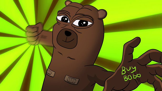 A cartoon image of a brown bear-like character reaching forward against a green radial background, with the text 'Buy BOBO' visible.