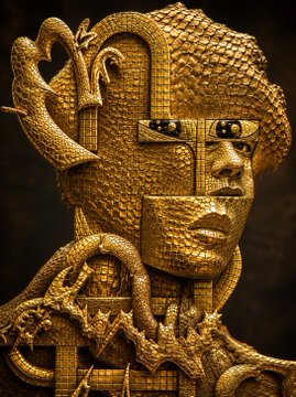 A detailed close-up of an ornate golden sculpture or mask depicting a human face with intricate textured patterns and raised designs.