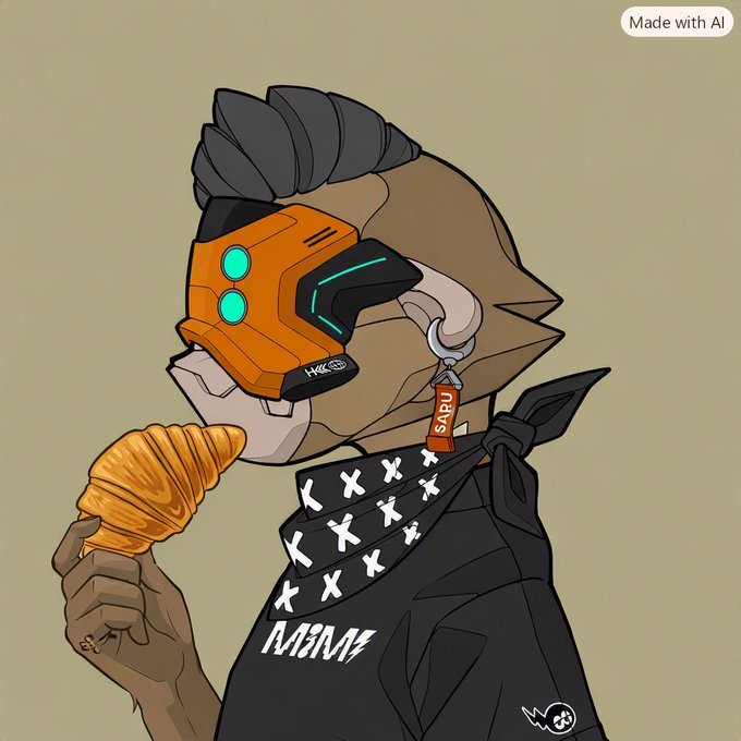 An AI-generated cartoon illustration (marked "Made with AI") of a stylized character with an orange tech visor, wearing a black bandana with X patterns, holding a croissant, and displaying a "SARU" earring tag.