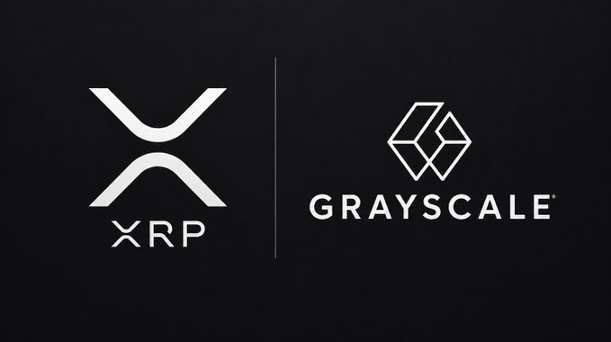 The image displays the XRP logo alongside the Grayscale logo, with a dividing line between them, illustrating a partnership or association between Grayscale and XRP. The post references Grayscale's recognition of XRP as a "global payments" asset, with the ticker symbol XRP and a value of $589 mentioned.