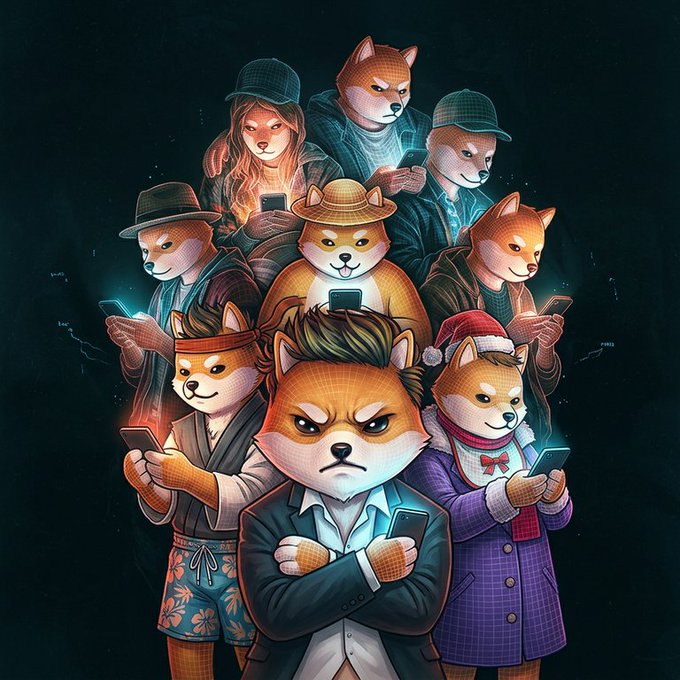 A group of Shiba Inu dogs dressed in various outfits (including a fedora, samurai headband, and Santa hat) all stare intently at their smartphones, representing the Dogelon Mars community. The image ties into the post's reference to the $ELON (Dogelon Mars) crypto token, with the Mars-themed canine figures symbolizing the meme coin's space-traveling dog mascot and its community of holders.