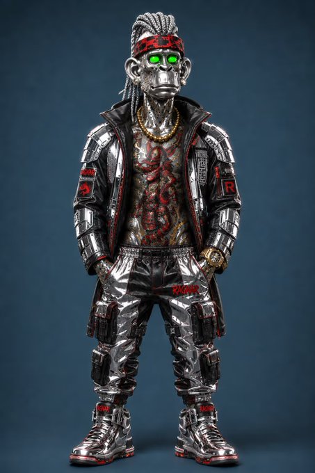 A silver chrome-textured cyborg/streetwear figure with glowing green eyes, dreadlocks, a red headband, and a detailed chest plate with weapon holsters.