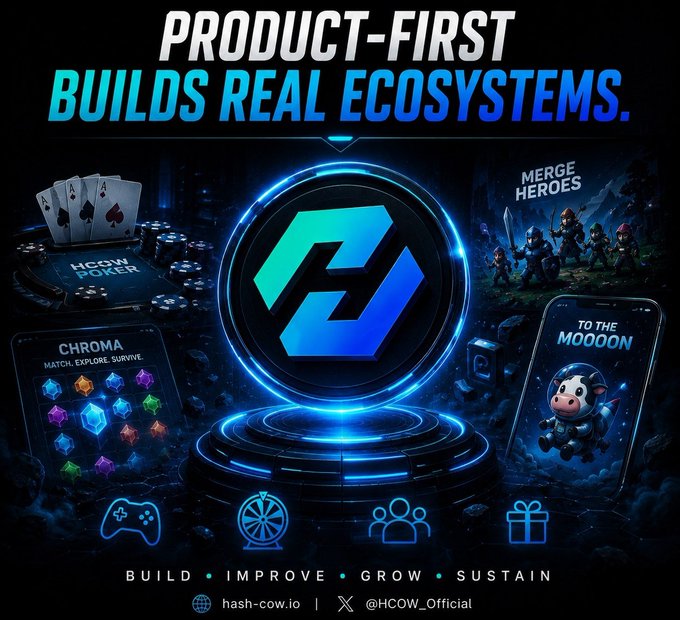 A promotional graphic reading "PRODUCT-FIRST BUILDS REAL ECOSYSTEMS" showcases gaming apps including "HCOW POKER", "CHROMA", "MERGE HEROES", and "TO THE MOOOON", with the URL hash-cow.io and X handle @HCOW_Official.