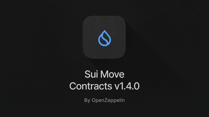 A logo screen for 'Sui Move Contracts v1.4.0 By OpenZeppelin' with a blue water droplet icon on a dark background.