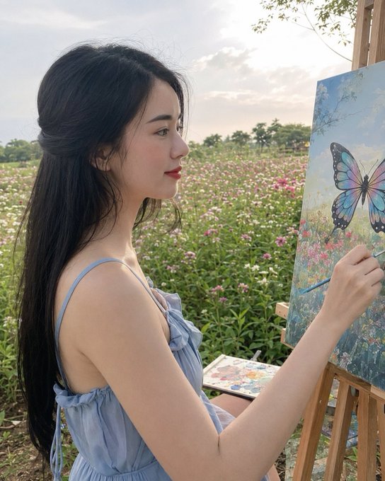 The image features a woman wearing a blue dress, painting a butterfly on an easel outdoors. She appears to be focused on her artwork while standing next to a wooden easel with a painting of a butterfly displayed on it. The scene suggests that she is engaged in creating art and possibly participating in a hackathon or similar event where people collaborate to solve problems using their skills, such as optimizing portfolios for better returns.