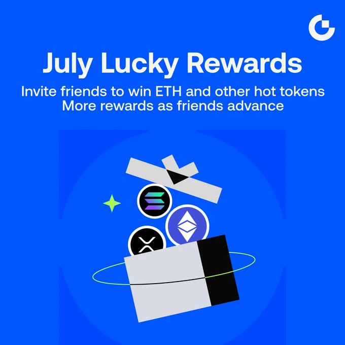 A blue promotional graphic for 'July Lucky Rewards' inviting users to invite friends to win ETH and other hot tokens, featuring icons of Solana, Ethereum, and XRP tokens popping out of a gift box.