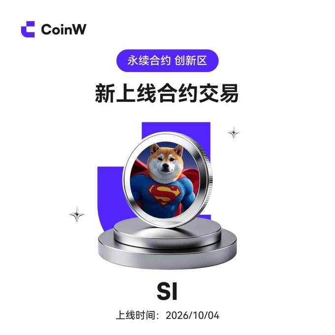 A CoinW cryptocurrency advertisement announces new contract trading for 'SI' launching 2026/10/04, featuring a Shiba Inu dog in a Superman costume on a coin.