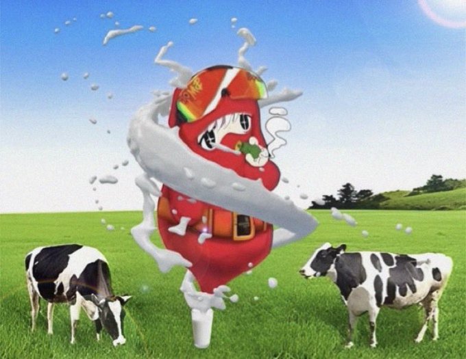 A red ketchup bottle character wearing a helmet and gear spins milk around itself while two black and white cows graze in a green field.