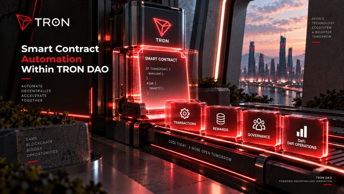 A promotional graphic for TRON featuring the text 'Smart Contract Automation Within TRON DAO' alongside futuristic red-lit displays showing smart contract code and icons for Transactions, Rewards, Governance, and DeFi Operations.