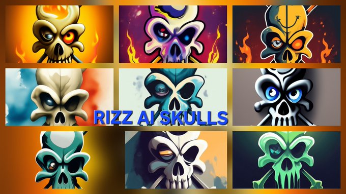 A collage of nine colorful, stylized skull illustrations with the text 'RIZZ AI SKULLS' overlaid in blue lettering across the center.