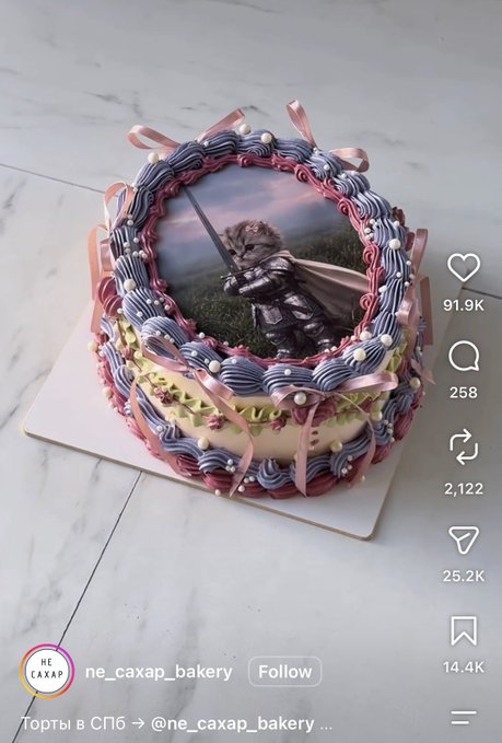 A decorated cake with pink and purple frosting featuring an edible image of a kitten in a knight's armor holding a sword, displayed on a social media post by 'ne_caxap_bakery'.