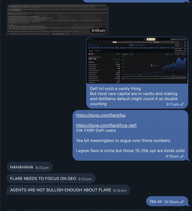A chat conversation discussing DeFi TVL on Flare, with messages including links to dune.com/flarel/fsa and dune.com/flarel/fxrp-defi, noting '21K FXRP DeFi users' and stating 'I agree flare is niche but those 15-20k ppl are kinda solid'.