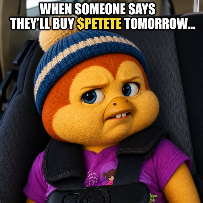 A meme image of an angry-looking CGI character (resembling a chipmunk or stuffed toy) wearing a blue and white beanie and purple shirt, with text reading 'WHEN SOMEONE SAYS THEY'LL BUY $PETE TOMORROW...'