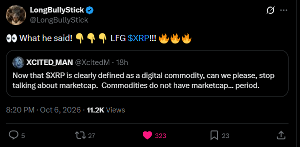 A tweet from LongBullyStick replying to @XcitedM about XRP being defined as a digital commodity, agreeing with the statement.