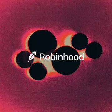 The image features the Robinhood logo set against a dark, abstract background of red and black orbs, visually representing the company's brand amid coverage of its strong Q2 2026 earnings, where event contracts revenue drove a 44% year-over-year increase in transaction-based revenues for $HOOD.