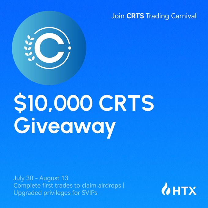 A promotional banner for HTX's CRTS Trading Carnival featuring a $10,000 CRTS giveaway running from July 30 to August 13, with a stylized "C" logo and details about completing first trades for airdrops and upgraded privileges for SVIPs.