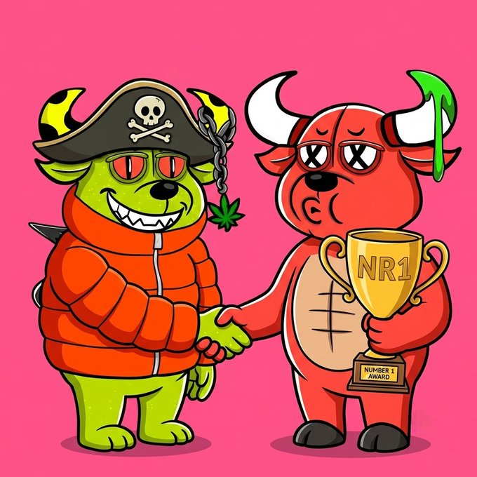 A green cartoon bear wearing a pirate hat and orange puffer jacket shakes hands with a red bull holding a "NR1 - Number 1 Award" trophy, symbolizing the "BullBears Member of the Week" recognition program starting 8/7/2026 that celebrates top community members.