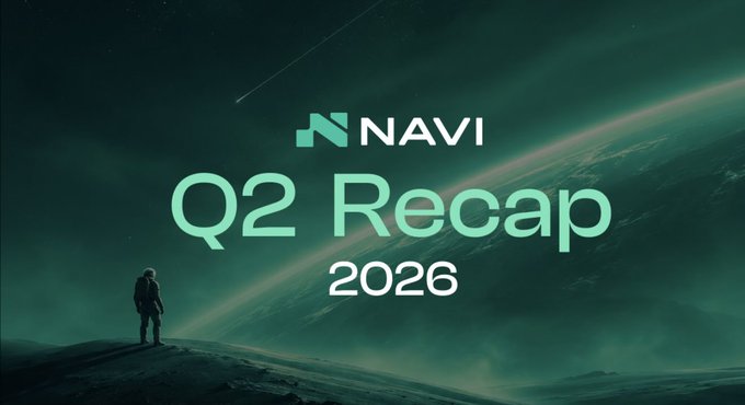 A cinematic poster-style image shows 'NAVI Q2 Recap 2026' in teal text over a moody green landscape featuring an astronaut and a shooting star.