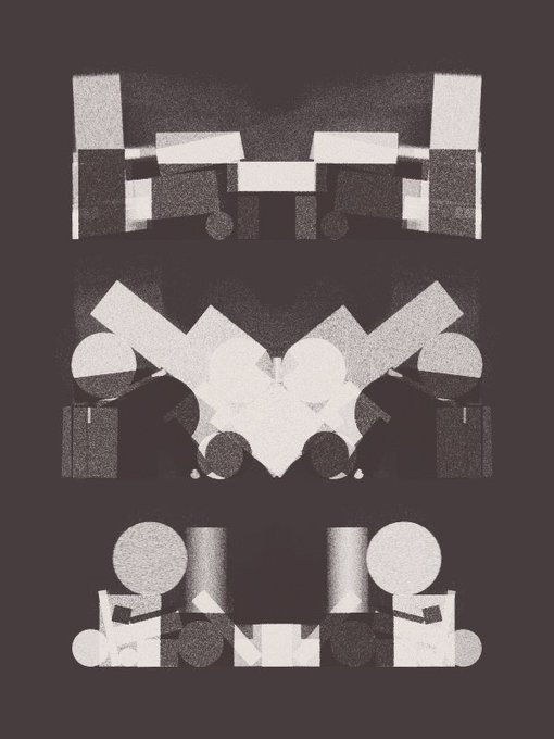 An abstract black, white, and gray geometric composition featuring mirrored, symmetrical shapes resembling fragmented mechanical or architectural forms.