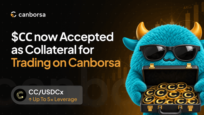A promotional graphic for Canborsa announcing "$CC now Accepted as Collateral for Trading on Canborsa," featuring a blue furry horned character in sunglasses holding a briefcase full of "C" coins, with "CC/USDCx" trading pair details.