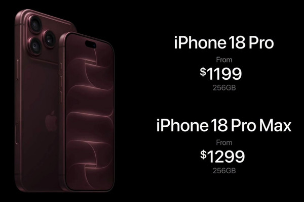 A promotional graphic displays the 'iPhone 18 Pro' starting at $1199 and 'iPhone 18 Pro Max' starting at $1299 for 256GB models in a dark red color.