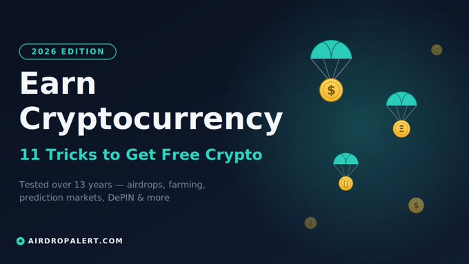 A dark promotional graphic for AirdropAlert.com's 2026 edition of "Earn Cryptocurrency: 11 Tricks to Get Free Crypto," featuring illustrated parachutes delivering dollar, euro, and Bitcoin coins against a starry navy background, visually reinforcing the article's focus on crypto airdrops and earning methods covered in the rewritten guide.