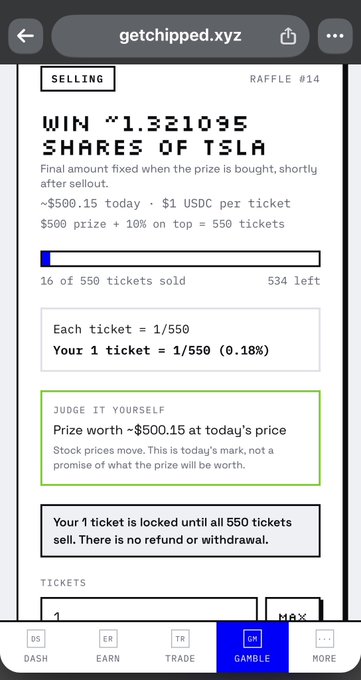 A mobile screenshot of getchipped.xyz showing a raffle (#14) for winning ~1.321095 shares of TSLA, with tickets priced at $1 USDC each, 16 of 550 tickets sold.