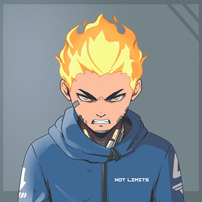 An illustration of an anime-style character with bright yellow flame-like hair wearing a blue hoodie, with the text 'NOT LIMITS' in the lower right.