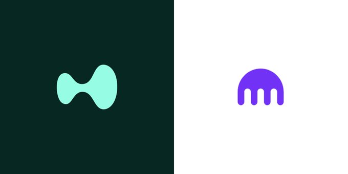 The image features two side-by-side icons: a teal abstract symbol on a dark green background on the left (likely Hyperliquid's logo) and a purple stylized "M" or tentacle-like icon on a white background on the right. The split-screen design visually represents the rumored partnership between Hyperliquid (left) and Kraken's parent company Payward (right) to expand into the US market.