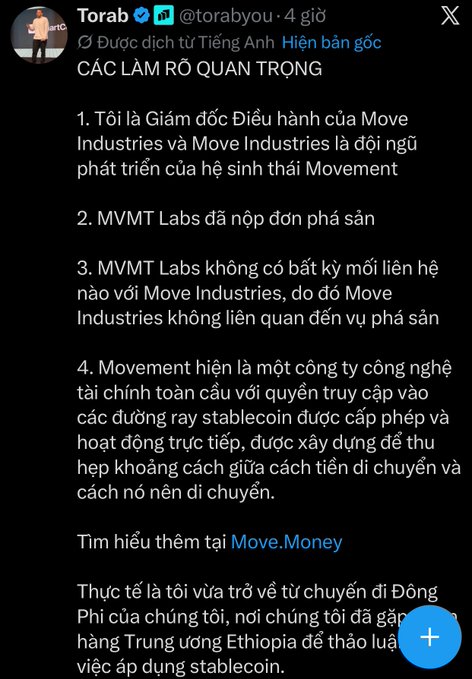 A tweet by Torab (@torabyou) in Vietnamese clarifying important points about Move Industries, Movement Labs, and MVMT Labs regarding bankruptcy filings and stablecoin rails, with a link to Move.Money.