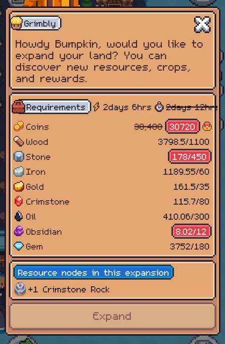 A pixel-art game UI showing a 'Grimbly' expansion prompt for 'Howdy Bumpkin' with resource requirements including coins, wood, stone, iron, and other materials.
