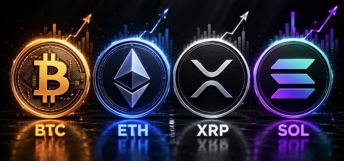 Four glowing cryptocurrency tokens—Bitcoin (BTC), Ethereum (ETH), XRP, and Solana (SOL)—are displayed against a backdrop of rising market charts, visually representing the strong ETF inflows totaling over $500 million across these major digital assets on August 24.