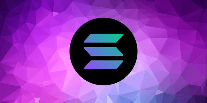 The Solana (SOL) cryptocurrency logo, featuring three stylized horizontal bars in teal and purple gradients on a black circle against a geometric purple background.