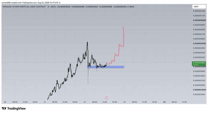 A TradingView chart of the PEPE/USD Tether Perpetual Swap Contract on Binance, showing a 1.36% gain with price movements tracked from August 20 to 24.