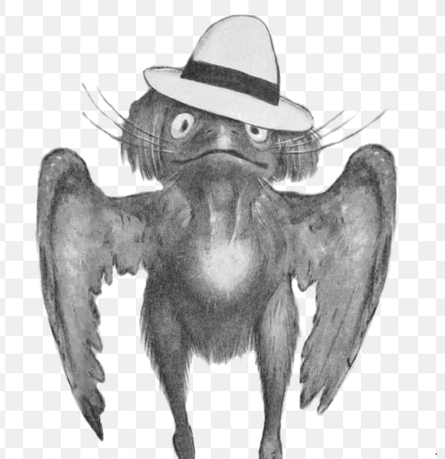An illustration of a dark, winged creature with long whiskers, pointed beak, and a white fedora hat is displayed against a transparent background.